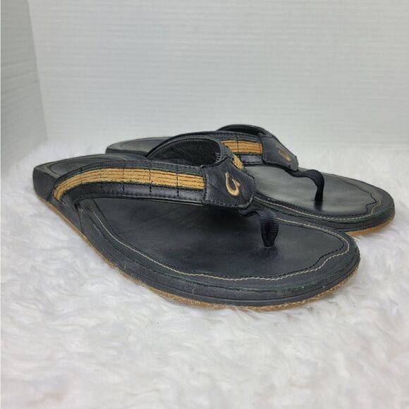 Olukai Kukui Men's Sandals Size 12 Black Leather Flip Flops Thongs Shoes - Picture 1 of 9
